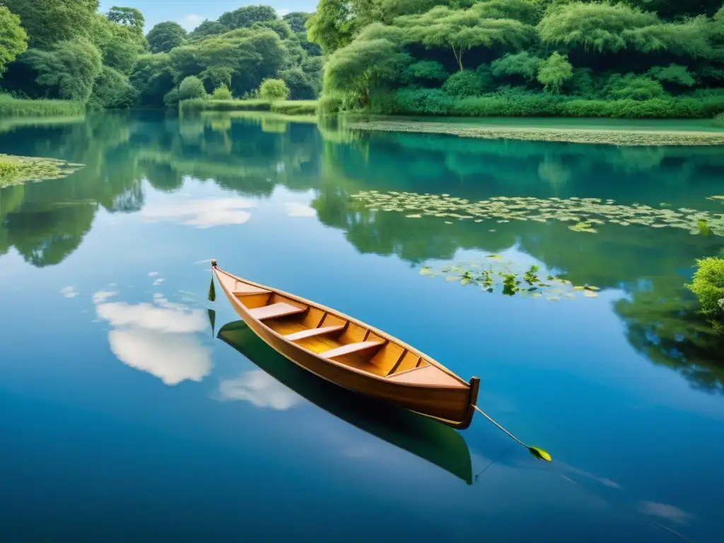 Imagen de un estanque tranquilo rodeado de exuberante vegetación, con un bote de madera flotando