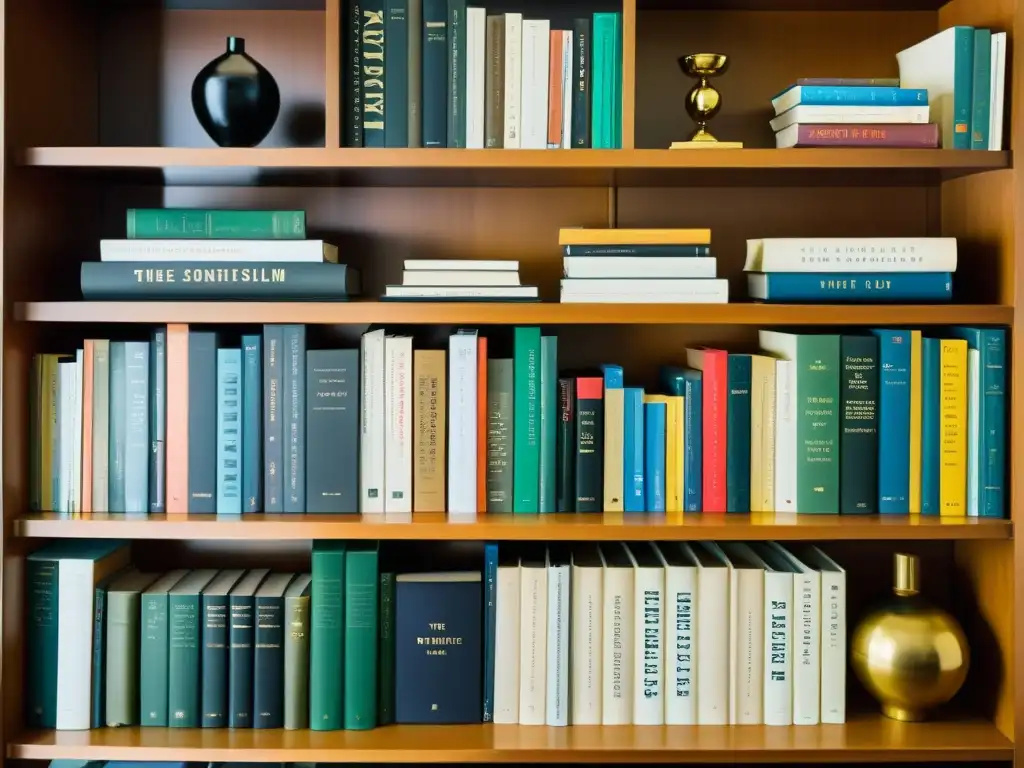 Una imagen de una estantería desordenada llena de libros filosóficos, psicológicos y literarios sobre identidad, consumismo y existencialismo