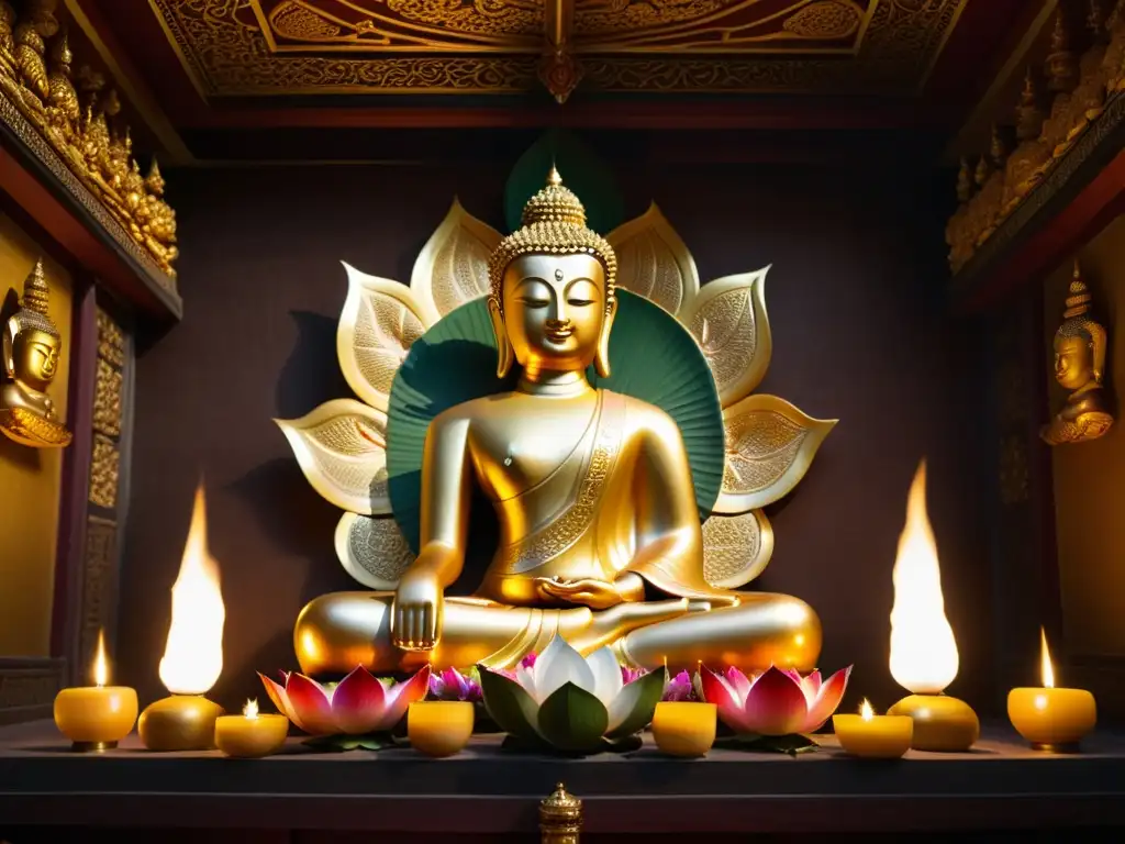 Imagen de una estatua dorada de Buda rodeada de ofrendas y luz suave en un templo decorado, evocando la filosofía budista moderna