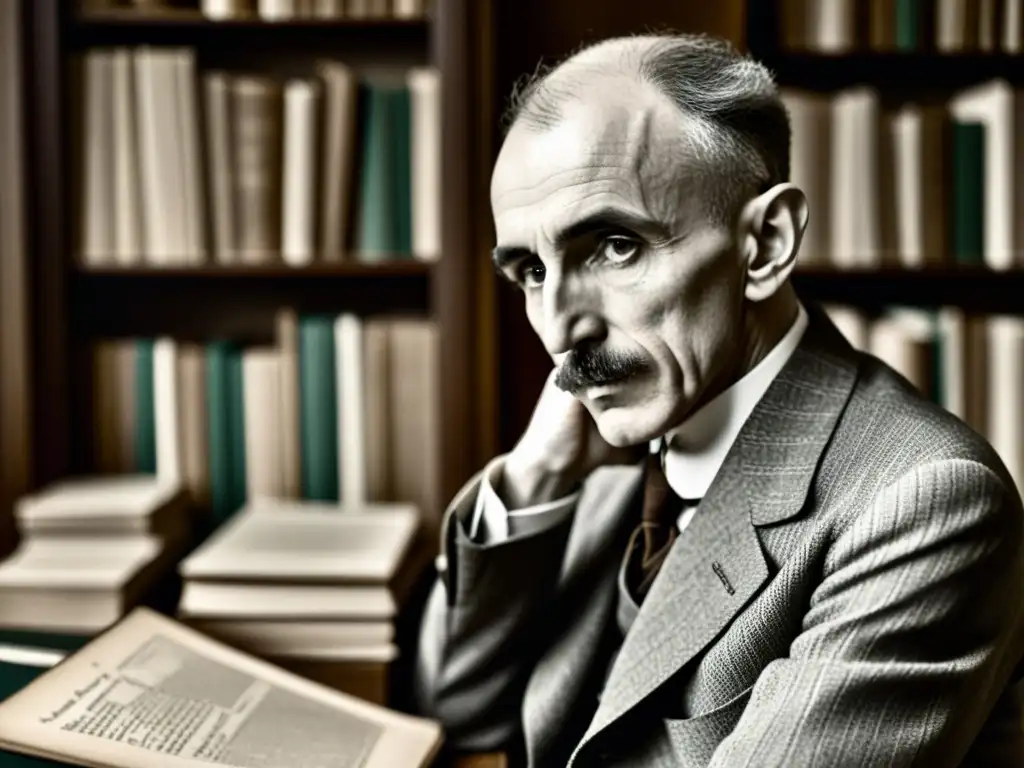 Imagen de Henri Bergson en su estudio, rodeado de libros y papeles, reflejando perspectiva de Bergson para decisiones