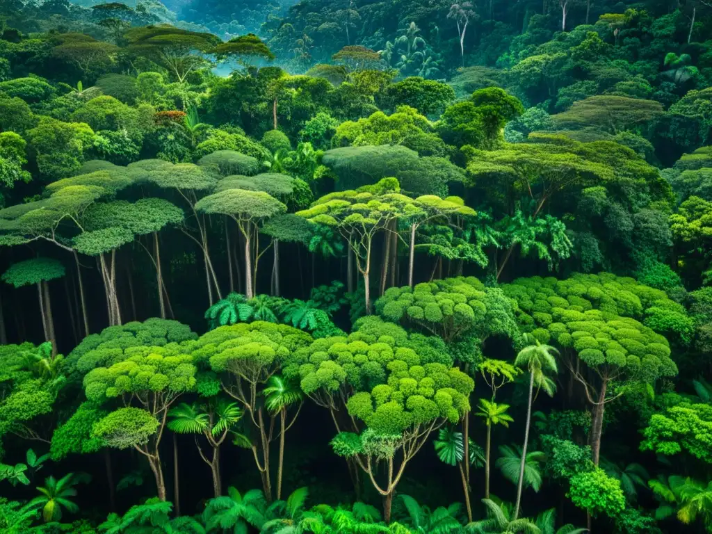 Imagen de un exuberante y antiguo bosque lluvioso desde la perspectiva de un pájaro