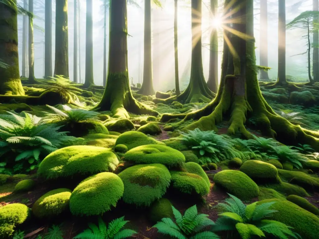 Imagen de un exuberante bosque antiguo, con árboles majestuosos, follaje verde vibrante y luz dorada filtrándose a través del dosel