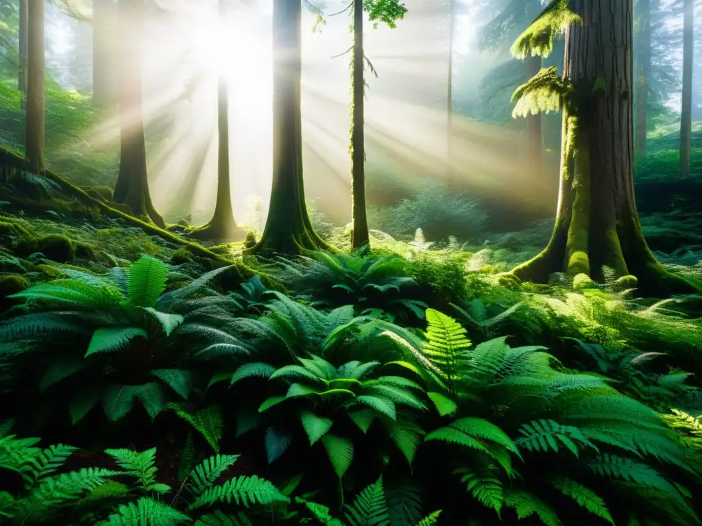 Imagen de un exuberante bosque antiguo con árboles imponentes, luz filtrándose y una vegetación verde vibrante