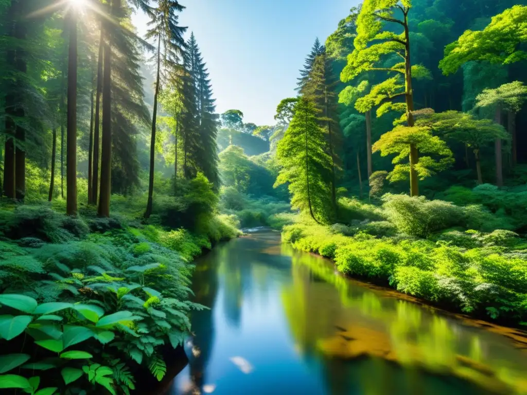 La imagen muestra un exuberante bosque con árboles altos y radiante luz solar