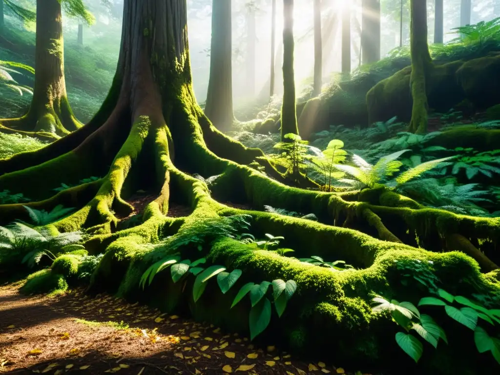 Imagen de un exuberante bosque con luz solar filtrándose a través del dosel, creando una atmósfera de tranquilidad y equilibrio natural