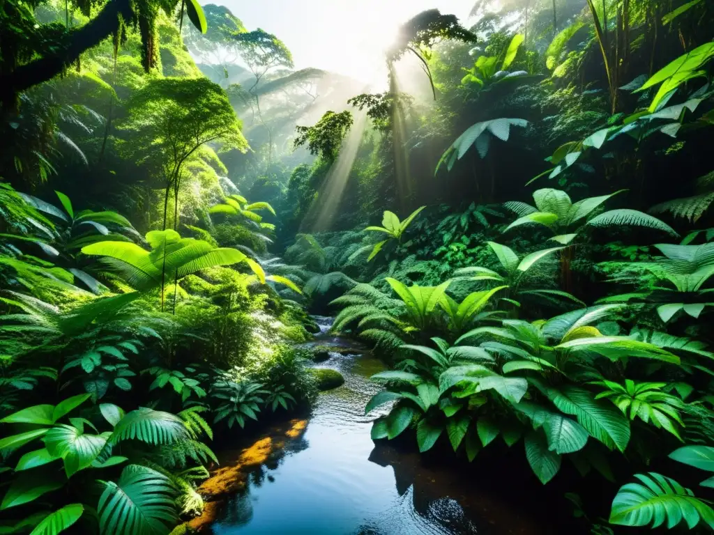 Imagen de un exuberante bosque tropical con una diversa vida silvestre y corrientes de pensamiento en ecología