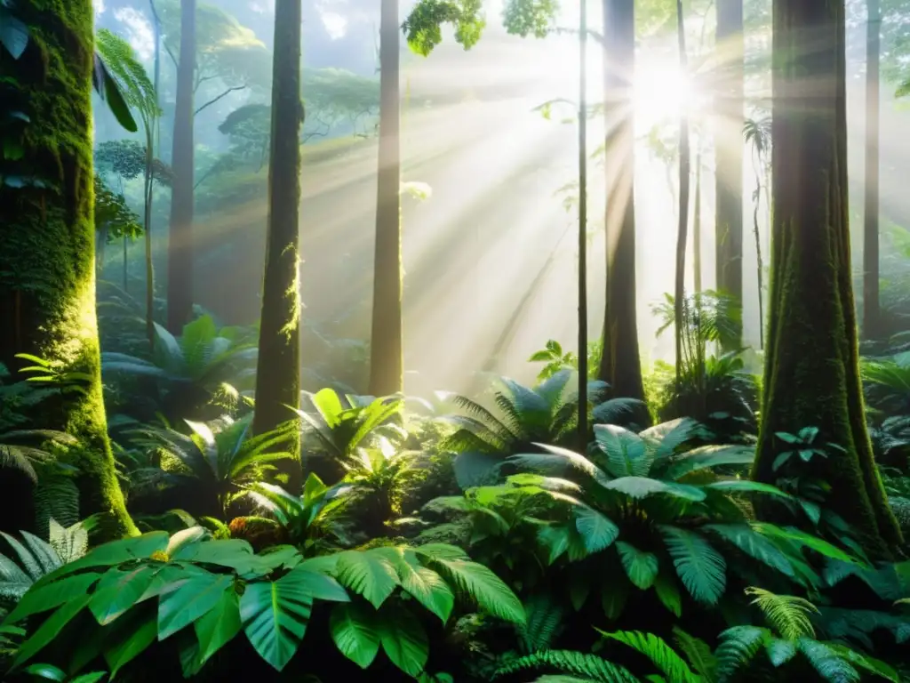 Imagen de un exuberante bosque tropical, con diversa flora y fauna