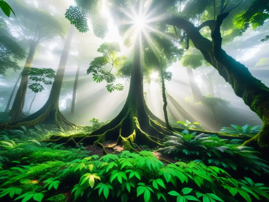 Imagen de un exuberante y denso bosque con follaje verde vibrante y neblina en el aire
