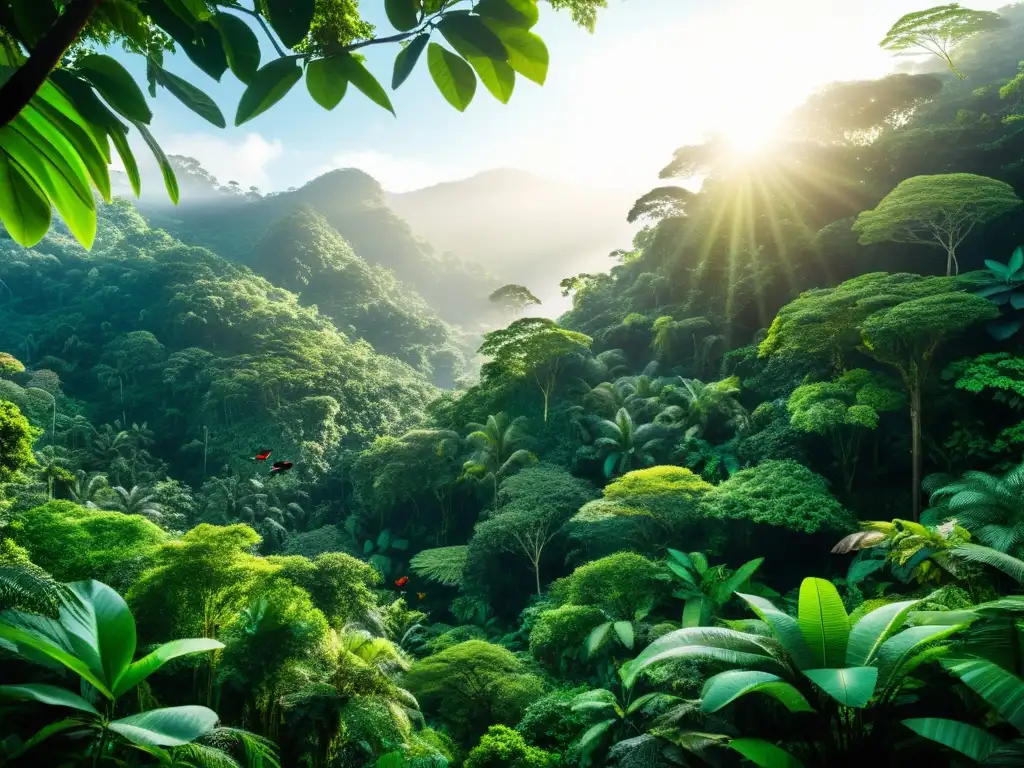 Imagen de un exuberante ecosistema de selva tropical, con vida silvestre variada y sostenibilidad en la diversificación de carteras