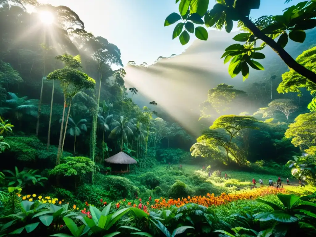 La imagen muestra una exuberante escena de la selva tropical, con árboles imponentes, flores exóticas y vida silvestre variada