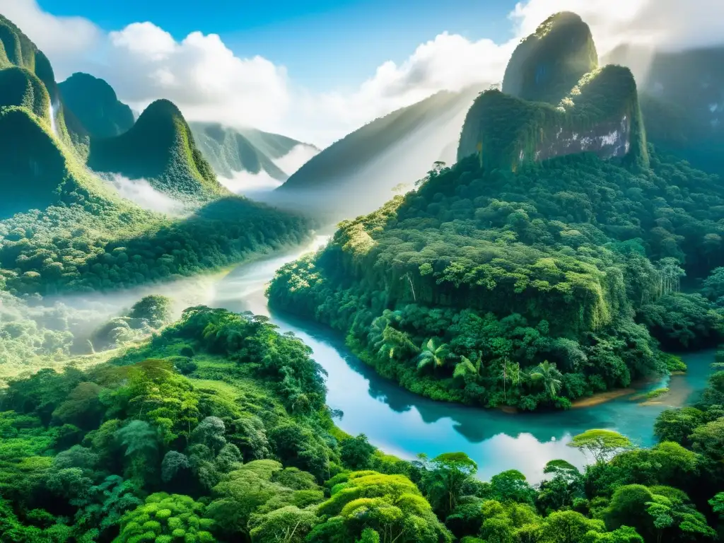 Imagen de un exuberante y majestuoso bosque tropical con un río cristalino, transmitiendo la búsqueda de armonía y bienestar de la filosofía indígena