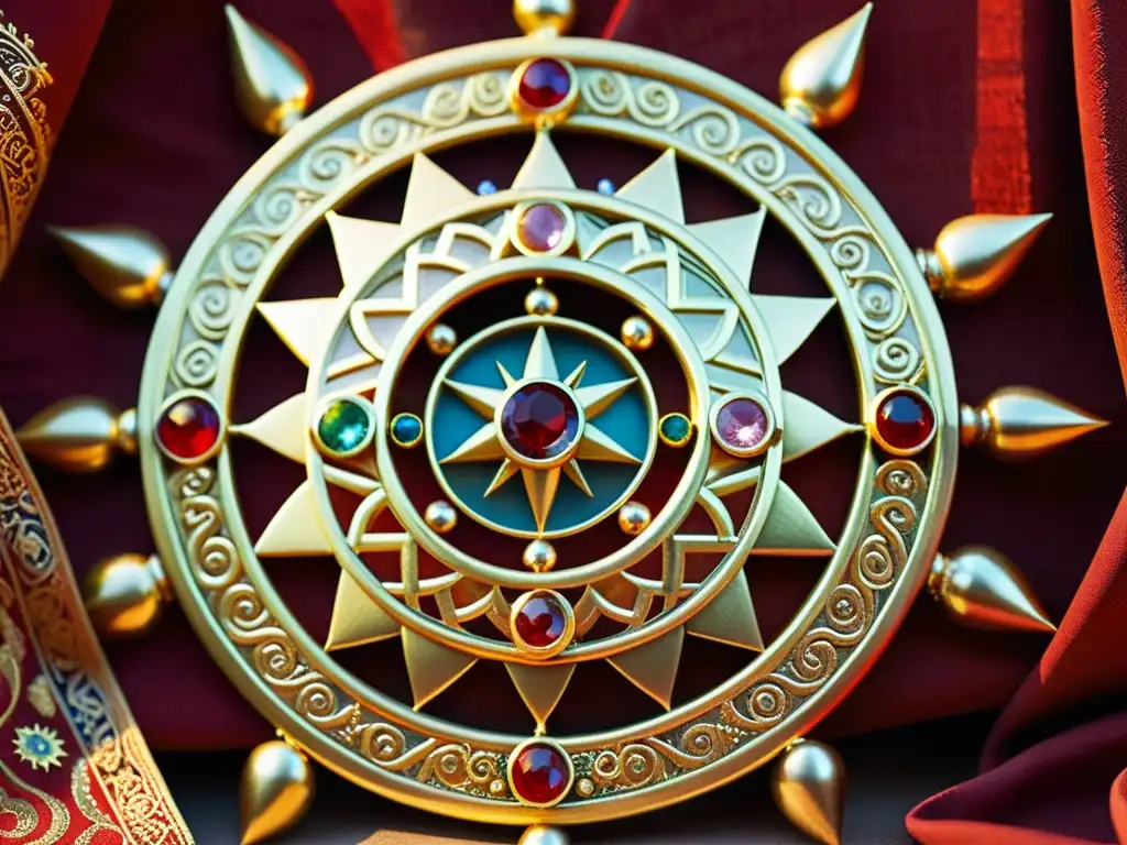 Una imagen fascinante de la Rueda del Dharma, adornada con gemas vibrantes y símbolos sánscritos, sobre un fondo de tela roja y azafrán