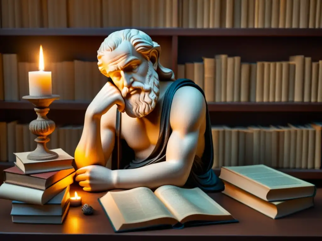 Imagen de un filósofo griego antiguo en profunda contemplación, rodeado de pergaminos y libros, iluminado por la cálida luz de las velas