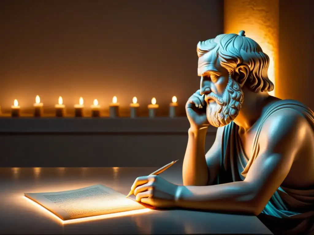 Imagen de un filósofo griego rodeado de pergaminos, inmerso en profunda contemplación bajo la suave luz de las velas