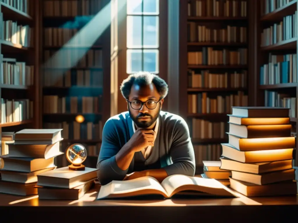Imagen 8k de un filósofo rodeado de libros y herramientas científicas, con luz solar entrando por la ventana