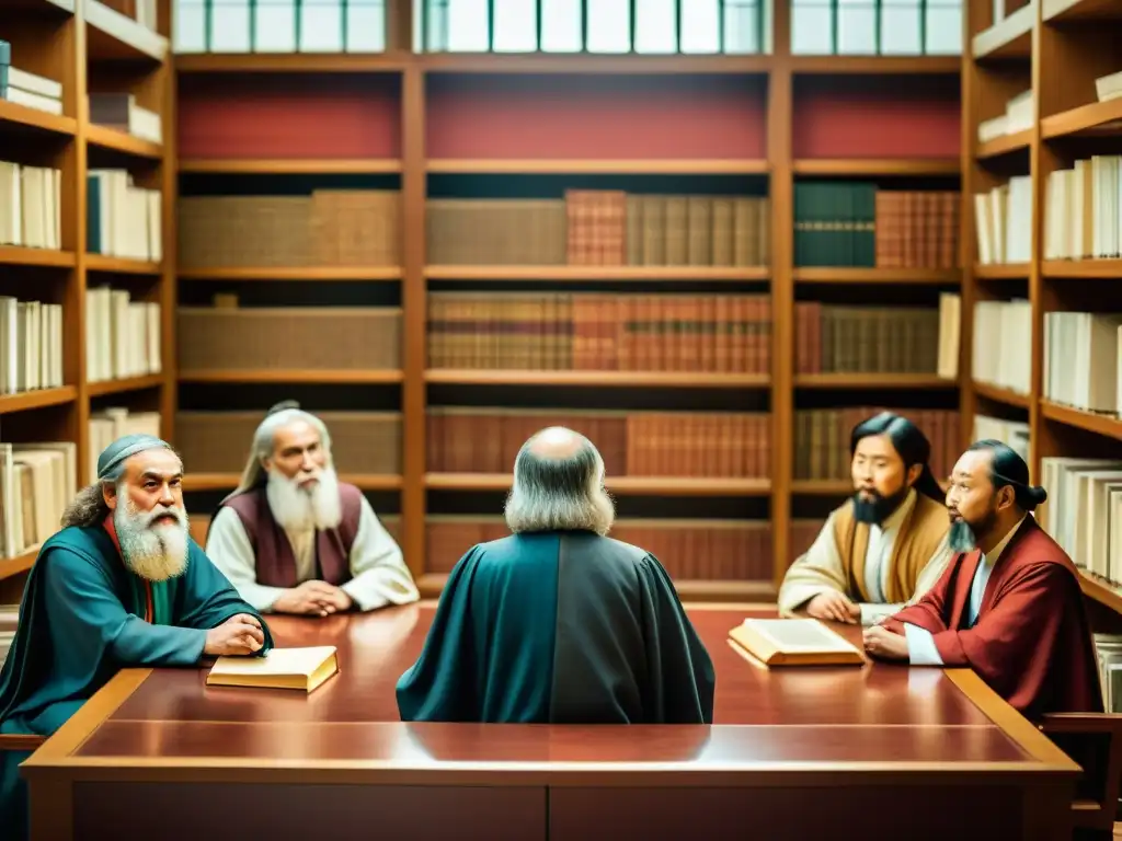 Imagen de filósofos debatiendo apasionadamente en una biblioteca con juegos de cartas filosóficos