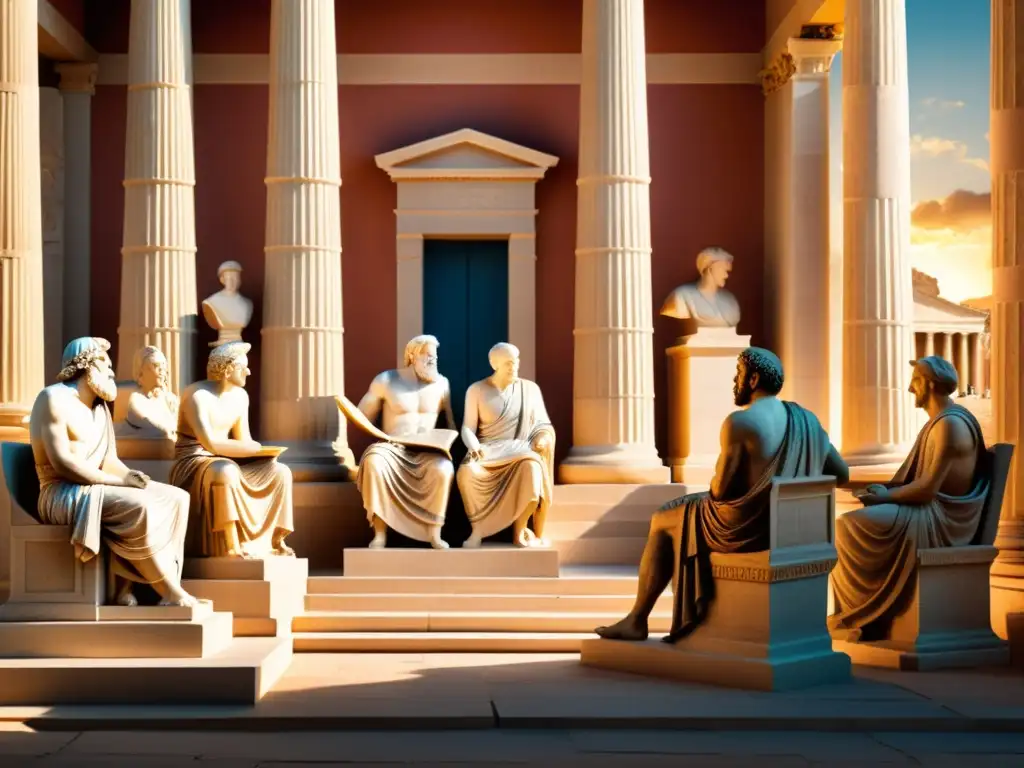 Imagen de filósofos griegos en bullicioso mercado, discutiendo apasionadamente