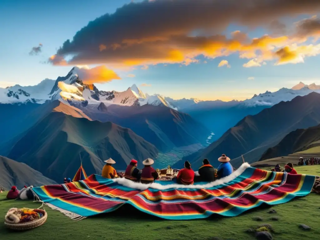 Imagen de los Andes al amanecer, con gente Quechua en una ceremonia