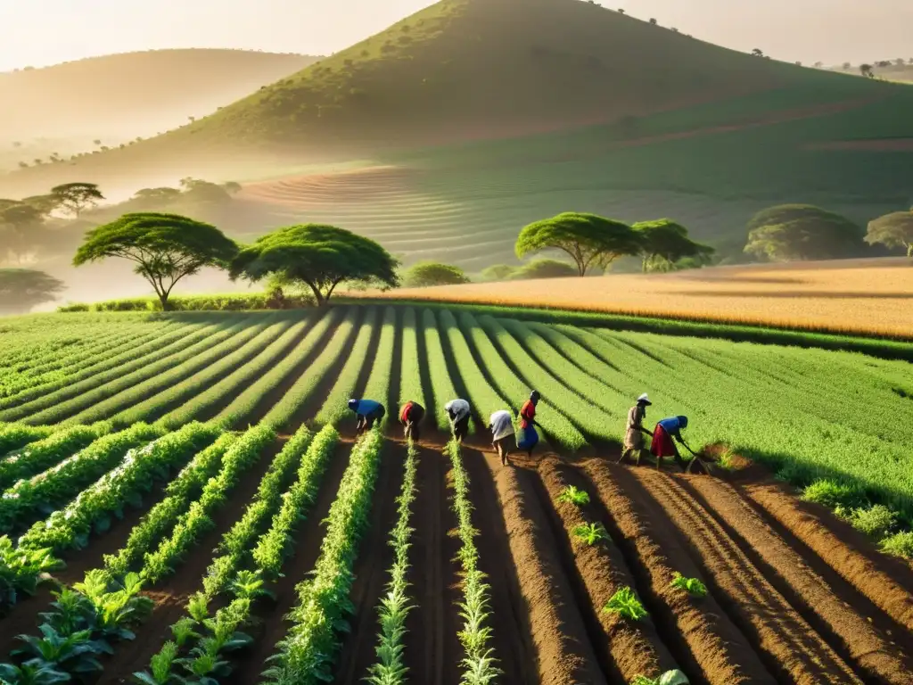 Imagen de gran detalle de agricultores africanos trabajando la tierra en un campo exuberante, reflejando la filosofía agrícola en África subsahariana