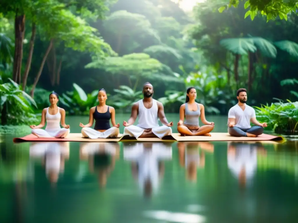 Imagen de grupo diverso meditando en entorno natural sereno, reflejando paz interior y conexión con la experiencia humana