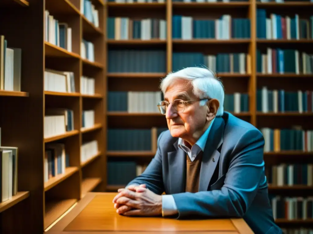 Imagen de Jürgen Habermas en biblioteca, sumergido en la Teoría Crítica, rodeado de libros en penumbra