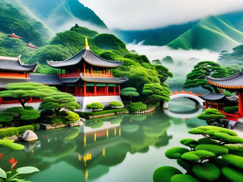 Imagen de un hermoso templo taoísta rodeado de montañas verdes, con detalles arquitectónicos y toques de rojo