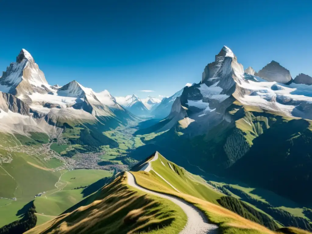 Imagen impactante de los Alpes Suizos, con picos nevados y sendero que invita a la exploración, reflejando el tema 'Origen de la Voluntad de Poder'
