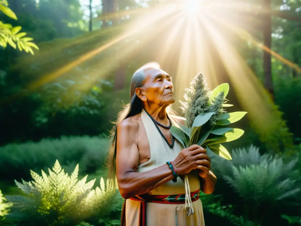 Imagen impactante de un anciano nativo americano en el bosque, honrando la Filosofía Nativa Americana elementos esenciales con una oración de salvia