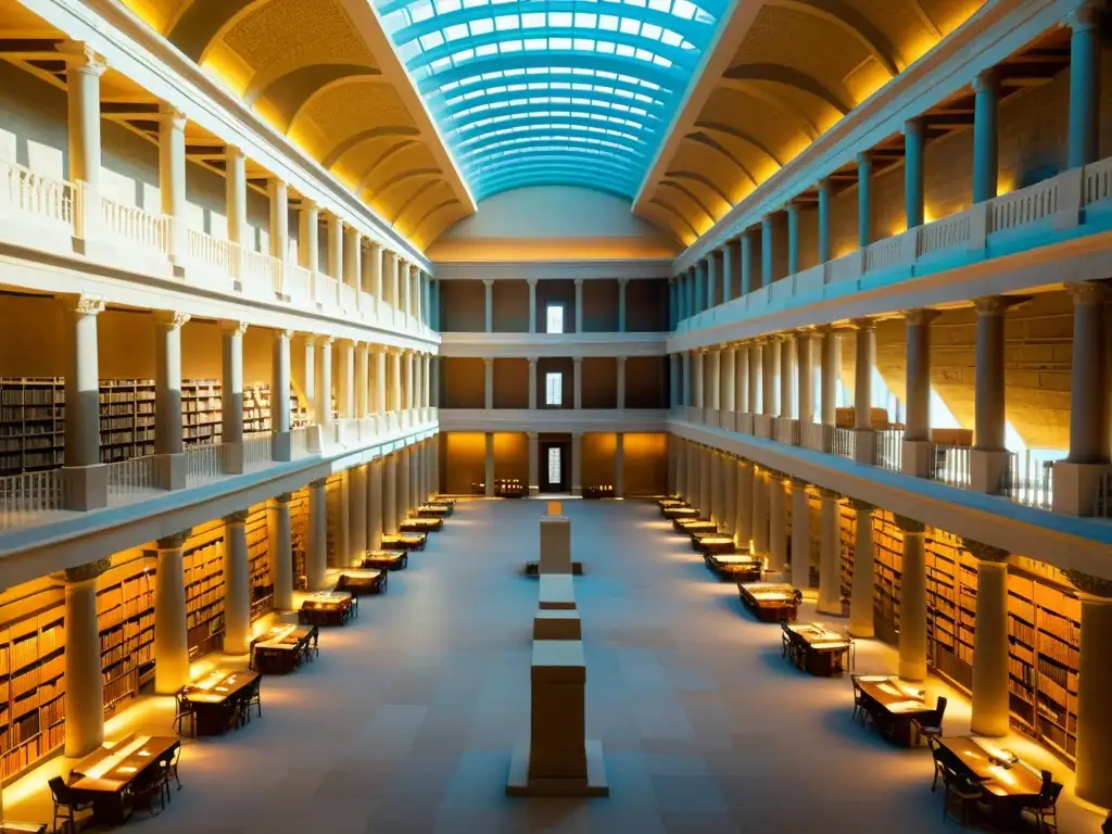 Imagen impactante de la antigua Biblioteca de Alejandría, con su grandiosa arquitectura y vasta colección de pergaminos