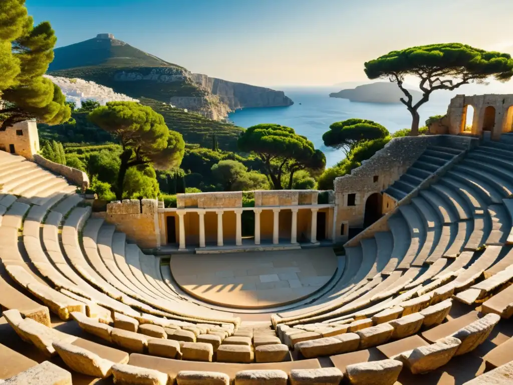 Imagen impactante de un antiguo anfiteatro griego entre exuberante vegetación mediterránea