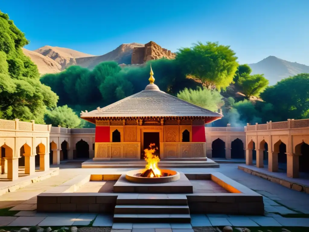 Imagen impactante de un antiguo templo zoroastriano con devotos realizando rituales, resaltando la filosofía zoroastriana en aplicaciones modernas