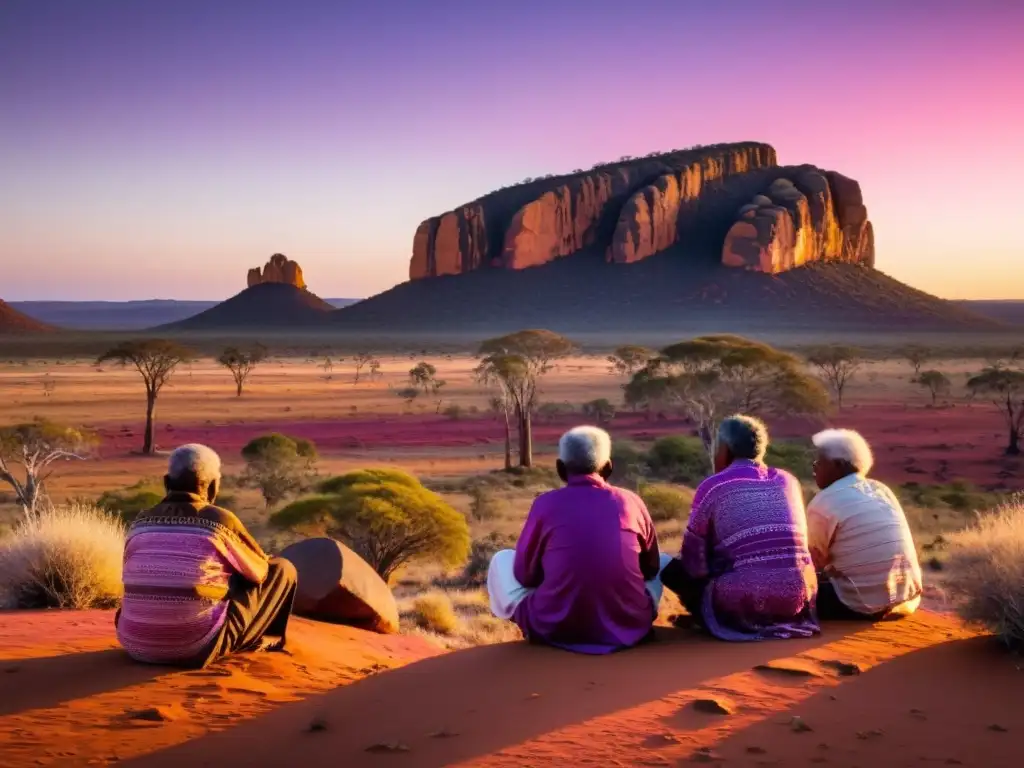 Imagen impactante del outback australiano al amanecer, con colores vibrantes iluminando formaciones rocosas ancestrales