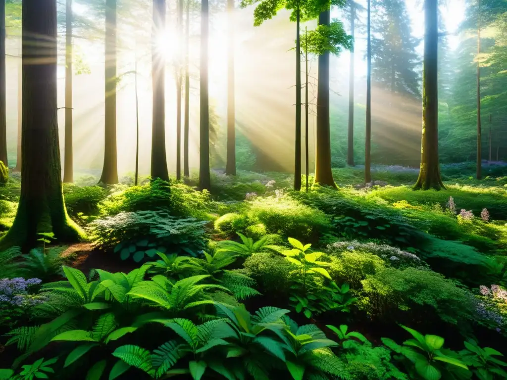 Imagen impactante de un bosque diverso y exuberante, con luz solar filtrándose a través del dosel