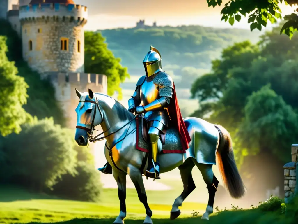 Imagen impactante de un caballero medieval montado en un poderoso corcel, frente a un majestuoso castillo