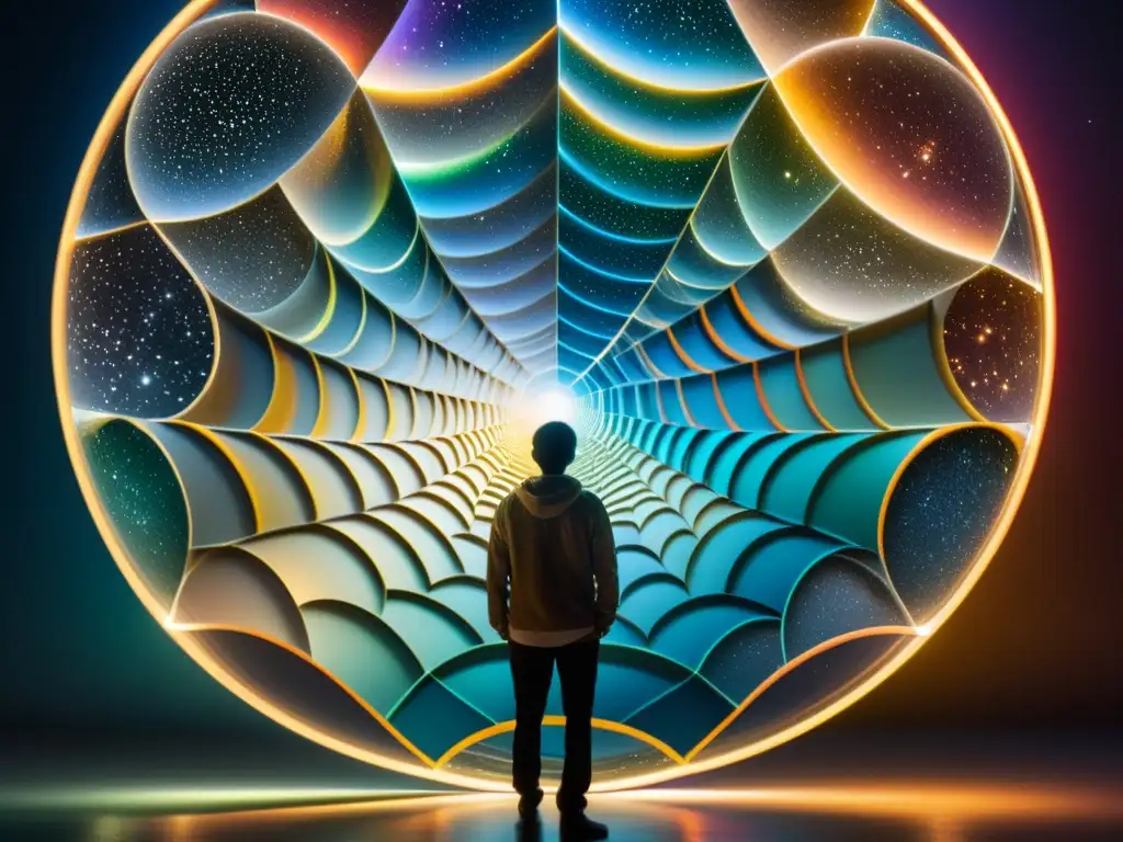 Una imagen impactante de capas transparentes y brillantes que representan diferentes dimensiones y universos, cada uno con colores, formas y energía distintos