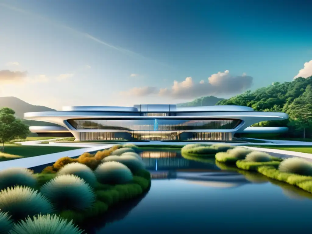 Imagen impactante de un centro médico futurista, con tecnología avanzada, diseño elegante y una fusión armoniosa de naturaleza y arquitectura
