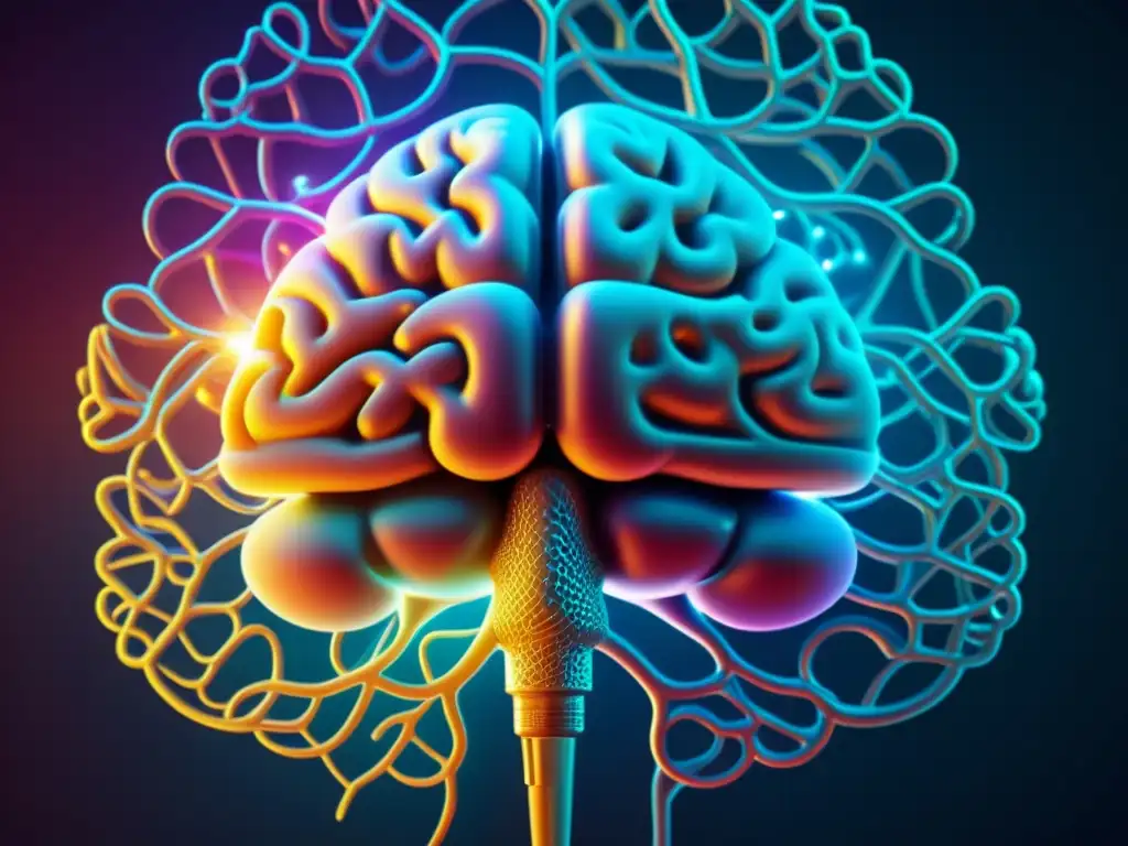Imagen impactante de un cerebro humano entretejido con símbolos lingüísticos, representando la compleja relación entre lenguaje y pensamiento