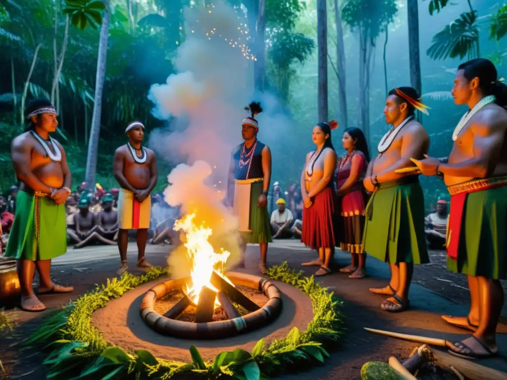 Imagen impactante de una ceremonia indígena en la selva, con atuendos vibrantes y una atmósfera espiritual