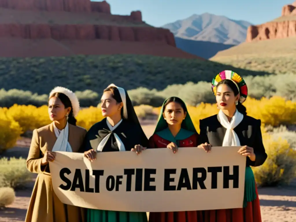 Imagen impactante del cine feminista: mujeres mexicanoamericanas en protesta, vistiendo tradicionalmente, con mensajes poderosos en sus pancartas