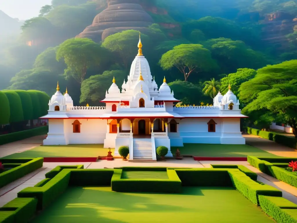 Imagen impactante de un complejo templo jainista, destacando su arquitectura, colores vibrantes y atmósfera serena