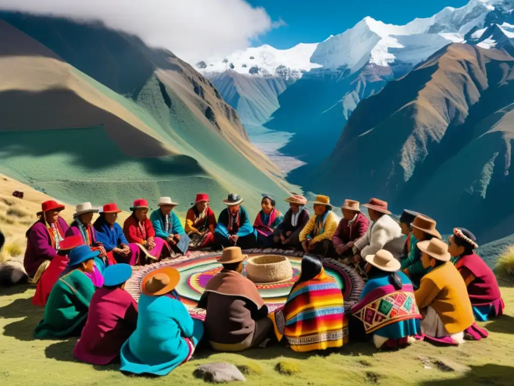 Una imagen impactante de una comunidad andina en armonía con la naturaleza, reflejando el modelo ético y equilibrio andino