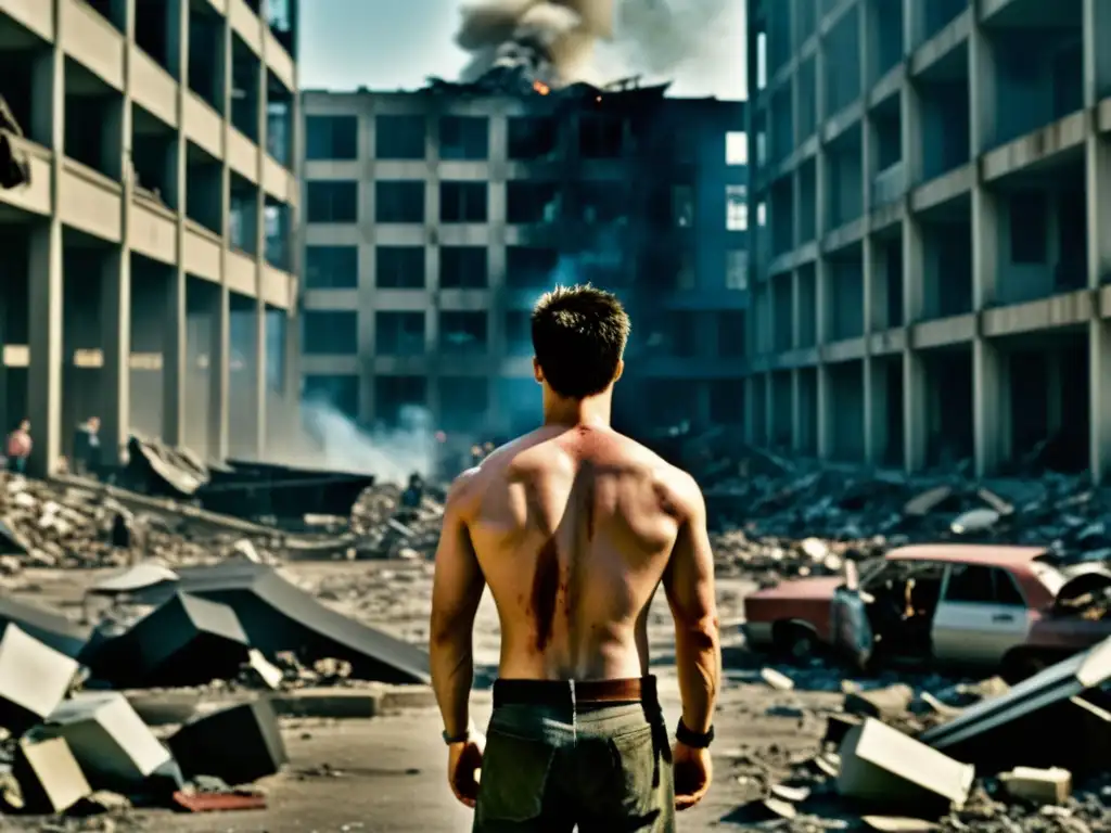 Una imagen impactante de la escena final de 'Fight Club', capturando el caos y la destrucción mientras los personajes principales observan en silencio