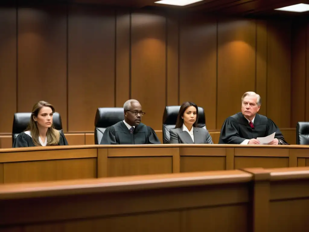 Imagen impactante de una escena de tribunal, con expresiones intensas de jueces, abogados y acusados