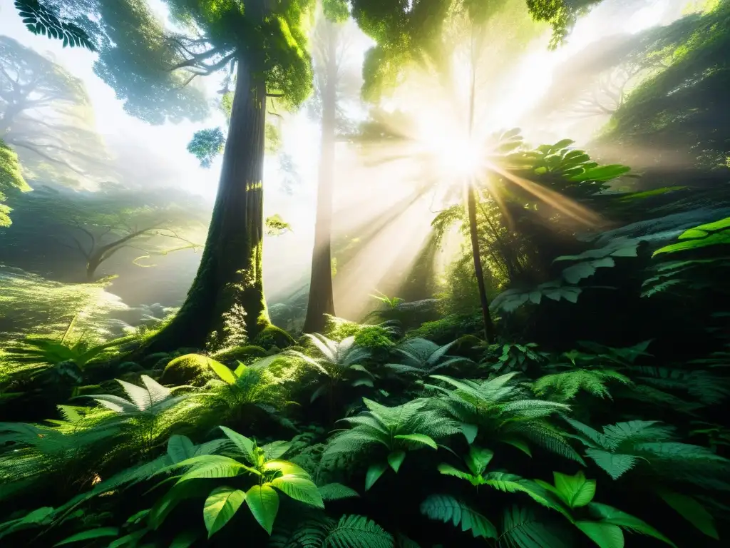 Imagen impactante de un exuberante bosque antiguo, con árboles majestuosos y una diversa vegetación