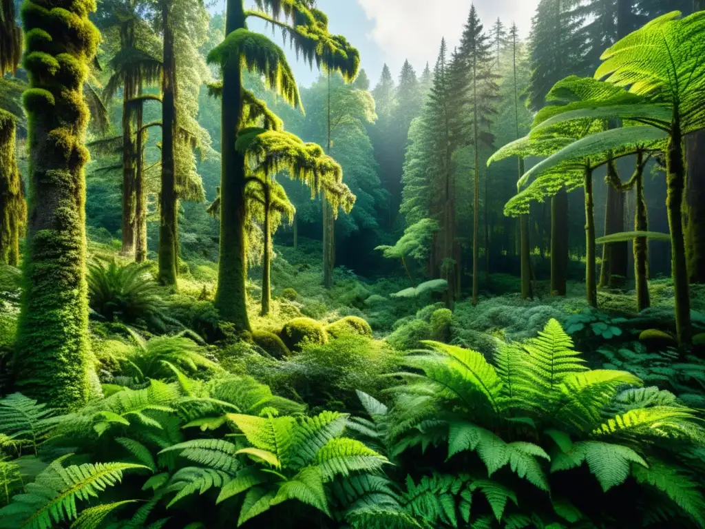 Imagen impactante de un exuberante bosque, con árboles altos, luz solar filtrándose y una rica vegetación