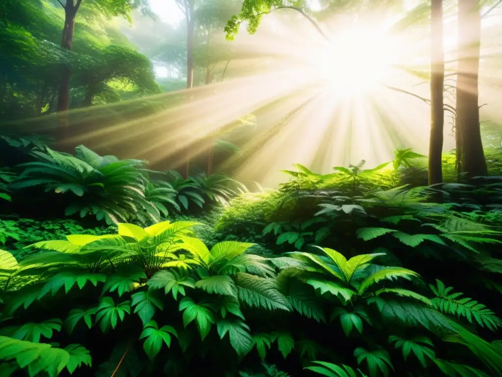 Imagen impactante de un exuberante bosque verde con luz solar entre las hojas, mostrando la belleza y abundancia de la naturaleza en un entorno sostenible