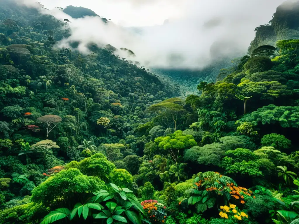 Imagen impactante de un exuberante y diverso bosque lluvioso, resaltando la Ética Ambiental Sexta Extinción Masiva