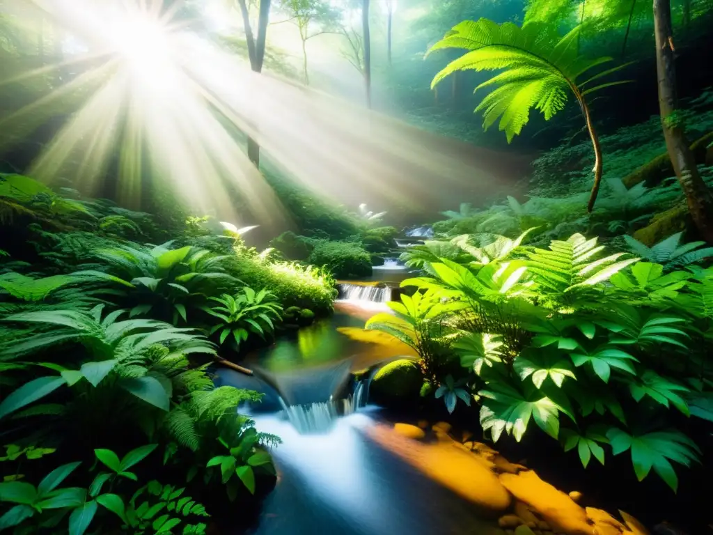 Imagen impactante de un frondoso bosque virgen, con rayos de sol filtrándose entre el dosel, destacando la diversa vida vegetal