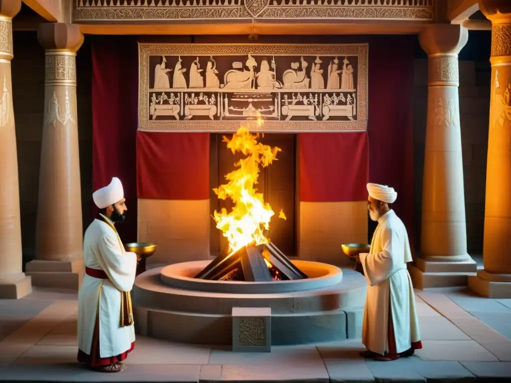 Imagen impactante del interior de un templo zoroastriano, con llamas sagradas y sacerdotes realizando rituales