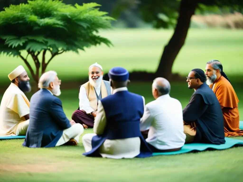 Imagen impactante de líderes espirituales de diversas religiones en diálogo interreligioso, mostrando armonía y perspectivas únicas
